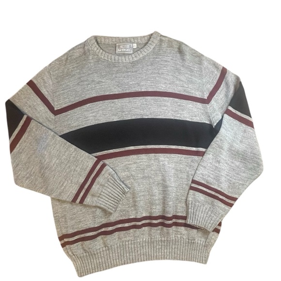 Vintage LE TIGRE Gray Burgundy Striped Crewneck Pullover Sweater MADE USA - Picture 1 of 6